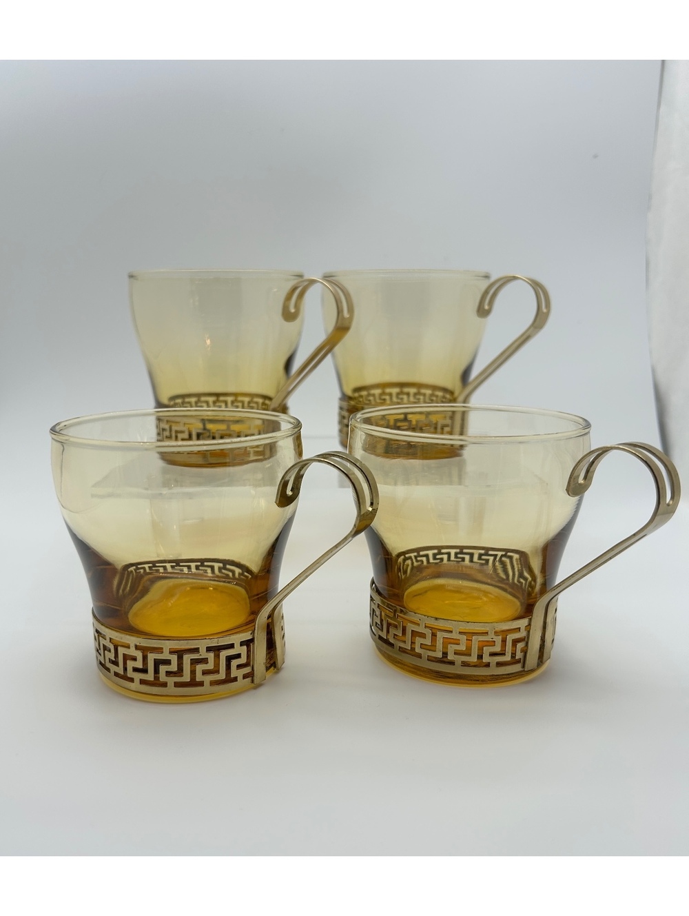 Set of 4 Libbey Amber Glass Greek Key Band Coffee Cups